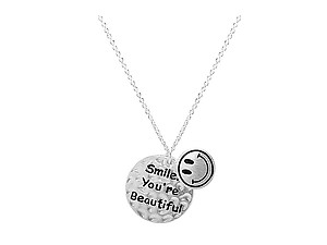 Silvertone Modern Metallic Tiny Smile You're Beautiful Happy Face Pendant Charm Necklace
