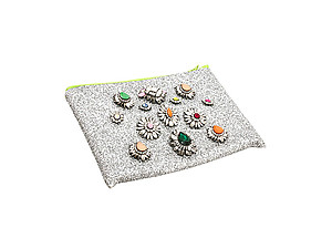 Colorful & Fun Glitter Jewel & Acrylic Accented Top Zipper Fashion Clutch ~ Style 6183