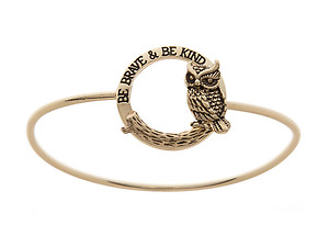 Goldtone Be Brave & Be Kind Imprint Owl Hinge Bangle Bracelet