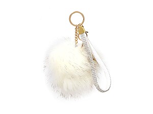 White Faux Fur Pom Pom and Suede Jeweled Hand Holder Keychain