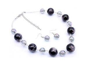 Black Bead Necklace and Earring Set in Rhodium Tone