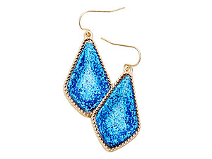 Blue & Worn Gold Glitter Geometric Dangle Fish Hook Earrings