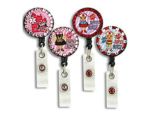 Retractable Bling Super Nurse Button Reel ID Holder