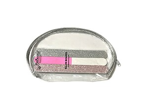 Silver Trim Large Zipper Cosmetic Bag & 3 Pack Pink/Silver Glitter Nail File Set