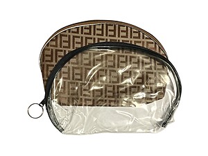 Light Brown & Clear 2 Piece Large Vinyl Zipper Cosmetic Bag Set