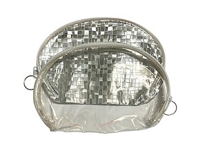 Silver Metallic Look & Clear 2 Piece Large Zipper Cosmetic Bag Set