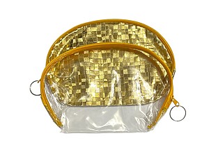 Yellow Metallic Look & Clear 2 Piece Large Zipper Cosmetic Bag Set