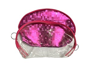 Pink Metallic Look & Clear 2 Piece Large Zipper Cosmetic Bag Set