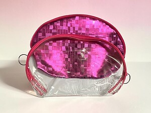 Pink Metallic Look & Clear 2 Piece Large Zipper Cosmetic Bag Set