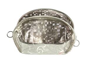 Gray Metallic Look & Clear 2 Piece Large Zipper Cosmetic Bag Set