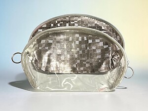 Gray Metallic Look & Clear 2 Piece Large Zipper Cosmetic Bag Set