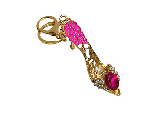 Dark Pink Crystal Stone Fashion High Heel Epoxy Goldtone Keychain