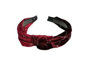 Dark Red Silver Sparkle Pattern Velvet Fashion Headband w/Top Knot