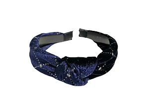 Dark Blue Silver Sparkle Pattern Velvet Fashion Headband w/Top Knot
