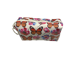White Butterfly Theme Zipper Print Cosmetic Bag w/ Key Ring