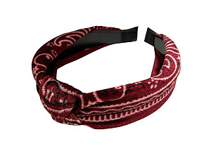 Burgundy Bandana Print Soft Velveteen Fabric Fashion Headband w/ Top Knot