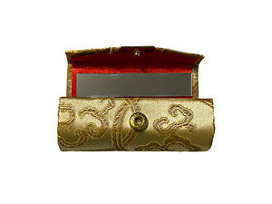 Beige Chinese Silk Print Lipstick Case w/ Mirror