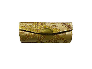 Beige Chinese Silk Print Lipstick Case w/ Mirror