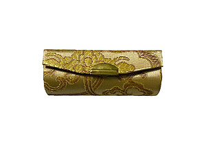 Beige Chinese Silk Print Lipstick Case w/ Mirror