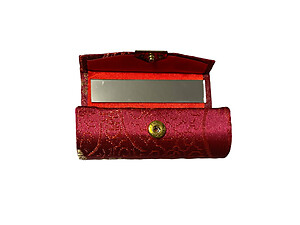 Burgundy Chinese Silk Print Lipstick Case w/ Mirror