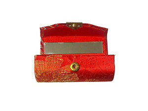 Dark Orange Chinese Silk Print Lipstick Case w/ Mirror