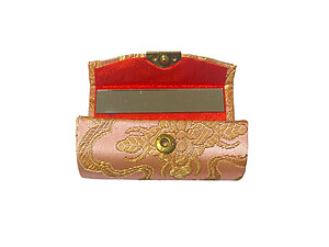 Dark Pink Chinese Silk Print Lipstick Case w/ Mirror