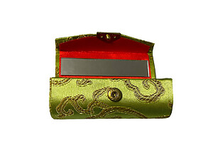 Apple Green Chinese Silk Print Lipstick Case w/ Mirror