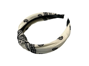 White Soft Fabric Bandana Print Fashion Headband w/ Top Knot