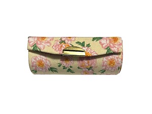 Beige Floral Fabric Lipstick Case Holder w/ Mirror