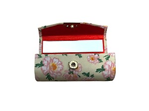 Beige Floral Fabric Lipstick Case Holder w/ Mirror
