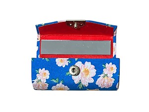 Dark Blue Floral Fabric Lipstick Case Holder w/ Mirror