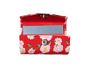 Red Floral Fabric Lipstick Case Holder w/ Mirror