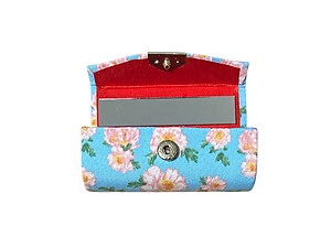 Light Blue Floral Fabric Lipstick Case Holder w/ Mirror