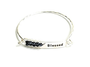 Blessed Engraved Wire Wrapped Metal Faceted Bead Wire Hook Clasp Bangle Bracelet