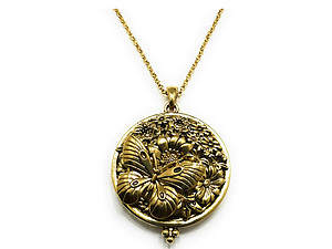 Goldtone Butterfly Flower Engraved Magnifying Glass Pendant Necklace