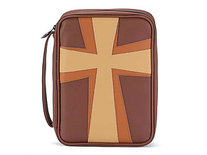 Brown and Tan Cross Thinline Leather Like Vinyl Bible Cover Case w/ Handle