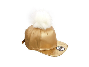 Gold Faux Leather Pom Pom Snapback Baseball Hat Cap w/ Watch Strap Closure