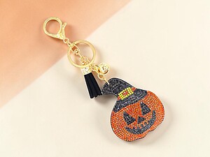 Jack O Lantern Tassel Bling Faux Suede Stuffed Pillow Key Chain Handbag Charm