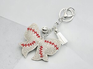 Baseball Sports Ball Bow Tassel Bling Faux Suede Stuffed Pillow Key Chain