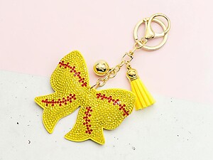 Softball Sports Ball Bow Tassel Bling Faux Suede Stuffed Pillow Key Chain