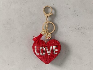Red Love Heart Tassel Bling Faux Suede Stuffed Pillow Key Chain Handbag Charm
