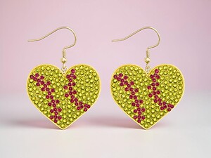 Softball Heart Rhinestone Bling Faux Suede Stuffed Pillow Drop Earrings