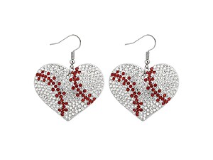 Baseball Heart Rhinestone Bling Faux Suede Stuffed Pillow Drop Earrings