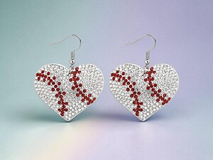 Baseball Heart Rhinestone Bling Faux Suede Stuffed Pillow Drop Earrings