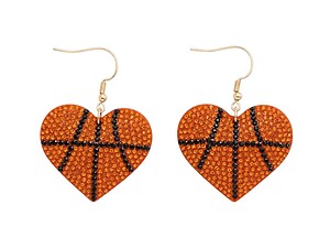 Basketball Heart Rhinestone Bling Faux Suede Stuffed Pillow Drop Earrings
