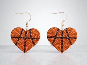 Basketball Heart Rhinestone Bling Faux Suede Stuffed Pillow Drop Earrings