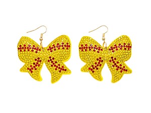 Softball Bow Rhinestone Bling Faux Suede Stuffed Pillow Drop Earrings