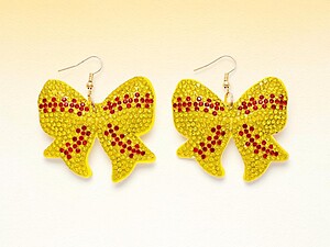 Softball Bow Rhinestone Bling Faux Suede Stuffed Pillow Drop Earrings