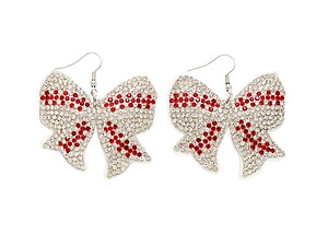 Baseball Bow Rhinestone Bling Faux Suede Stuffed Pillow Drop Earrings