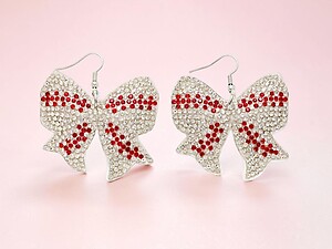 Baseball Bow Rhinestone Bling Faux Suede Stuffed Pillow Drop Earrings